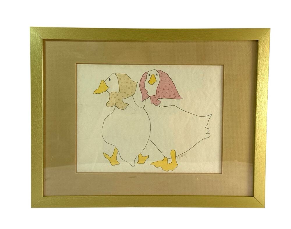 Vintage Folk Art Geese Ducks in Bonnets Signed Kathy Framed 13x10 Cottage Decor